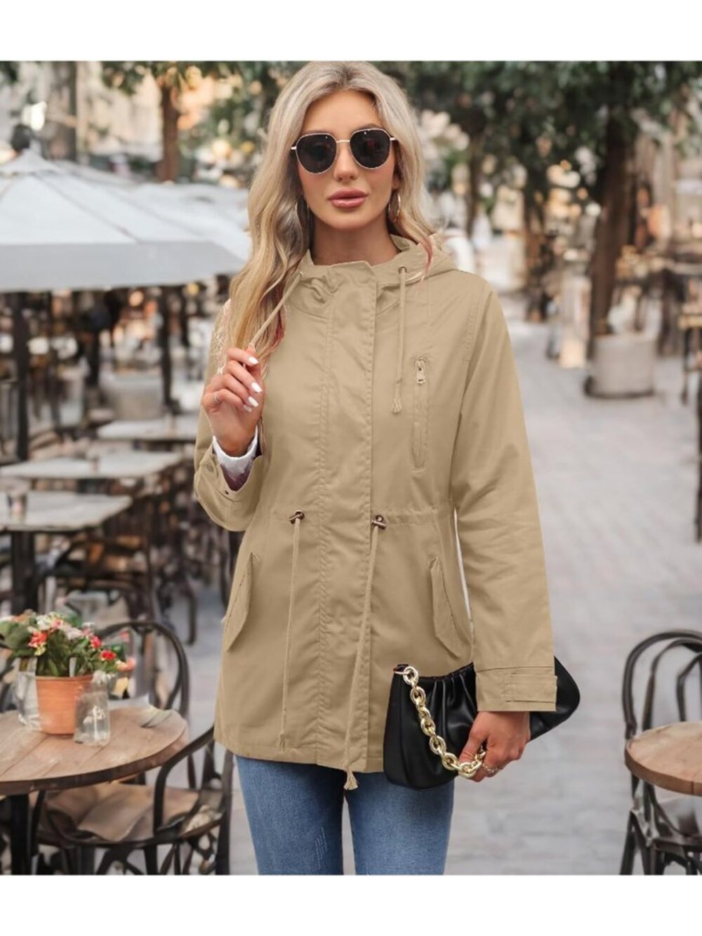 Women's Khaki Lightweight Jackets Anorak Utility Drawstring Waist Hoodie Zip Up - Picture 3 of 6
